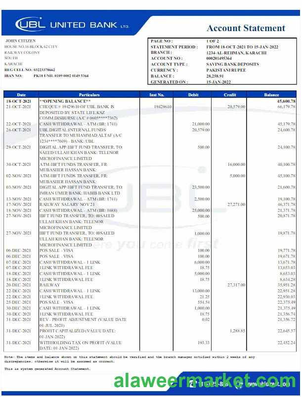 Pakistan UBL bank statement Word and PDF template scr